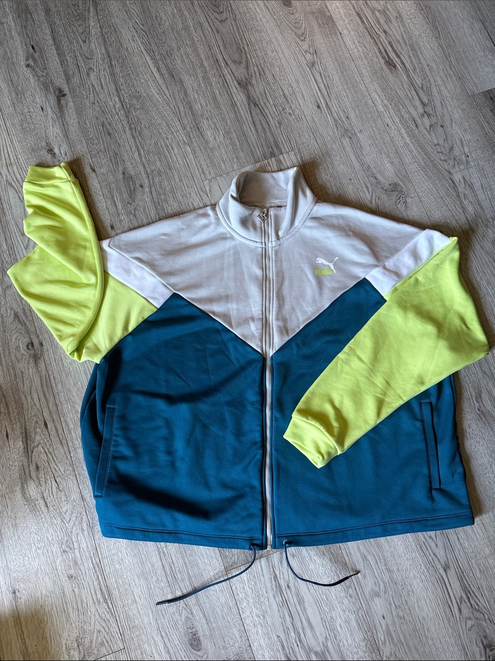Puma Teal, White & Neon Yellow Colorblock Full Zip-Up Sweatshirt Jacket
